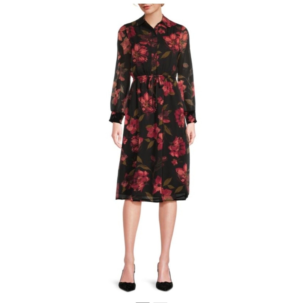 SAKS FIFTH AVE Floral Black and Red Midi Dress M NWT